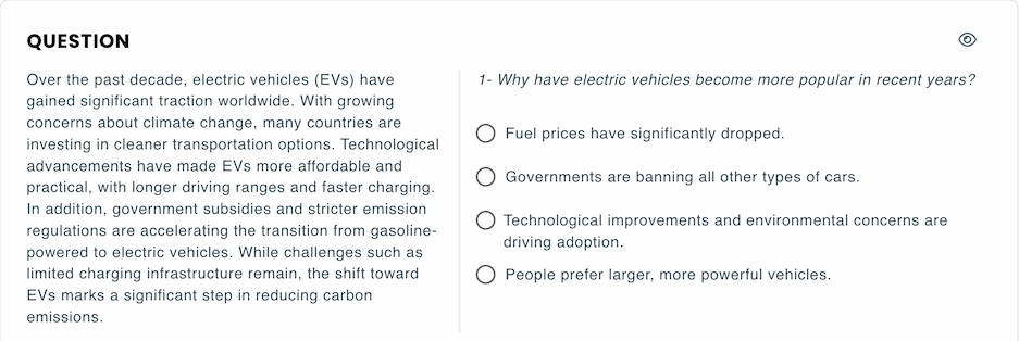 Multiple choice question layout with reading passage on the left and options on the right