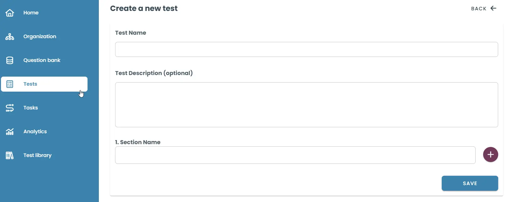 Interface for creating a new test with fields for test name, description, and section name