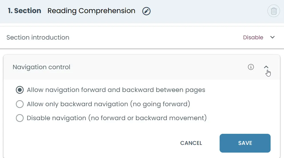 Set Navigation Control to define how candidates can move between pages in the section.