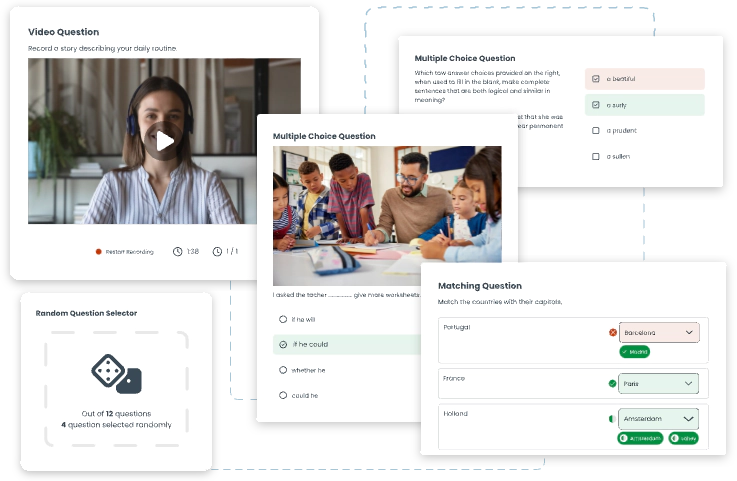 Examples of various question types available in TestInvite, including video response, multiple choice, matching, and random question selection options