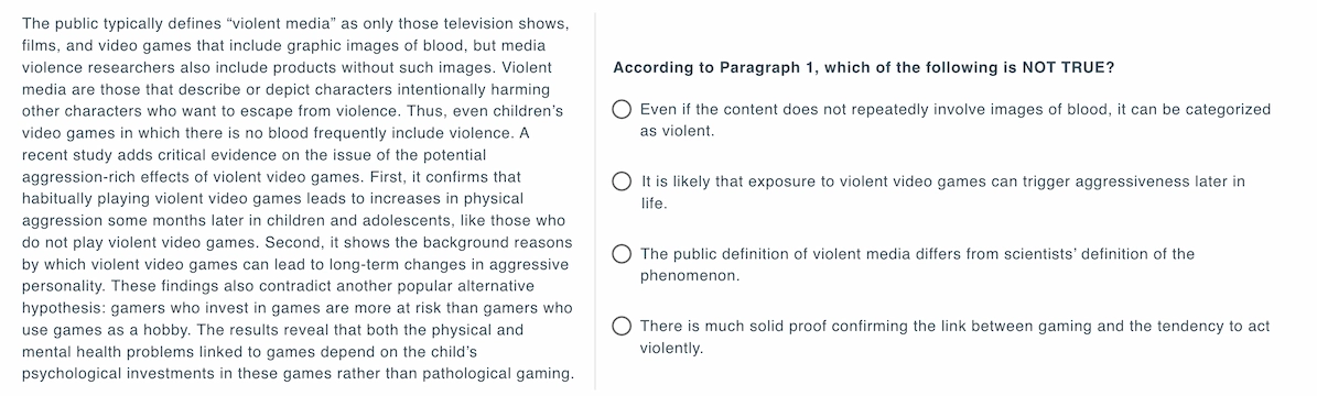 Example question showing content on the left and question on the right