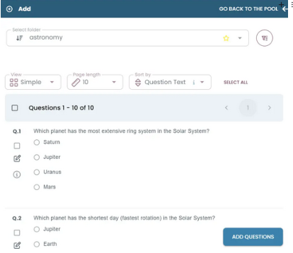 Choose questions from the pool and click Add Questions.