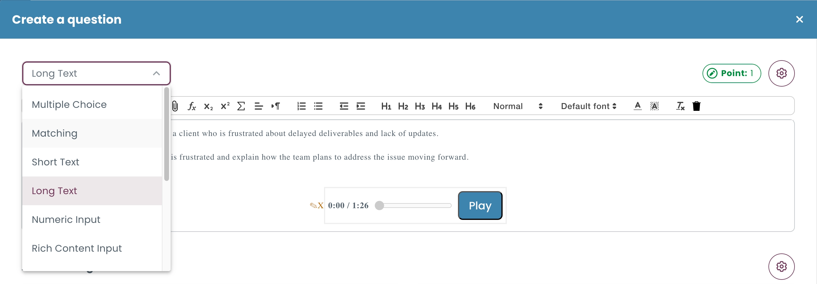 Question editor displaying question formats