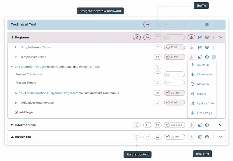 Test design interface with customizable sections, pages, and navigation settings