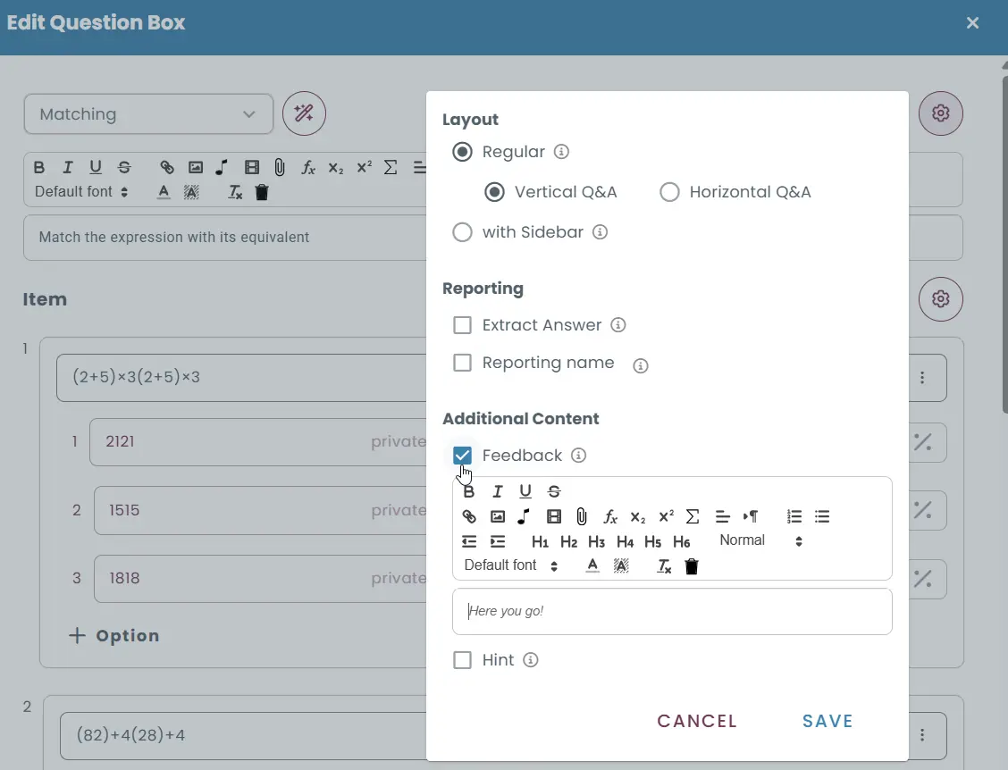 Question editor showing feedback option