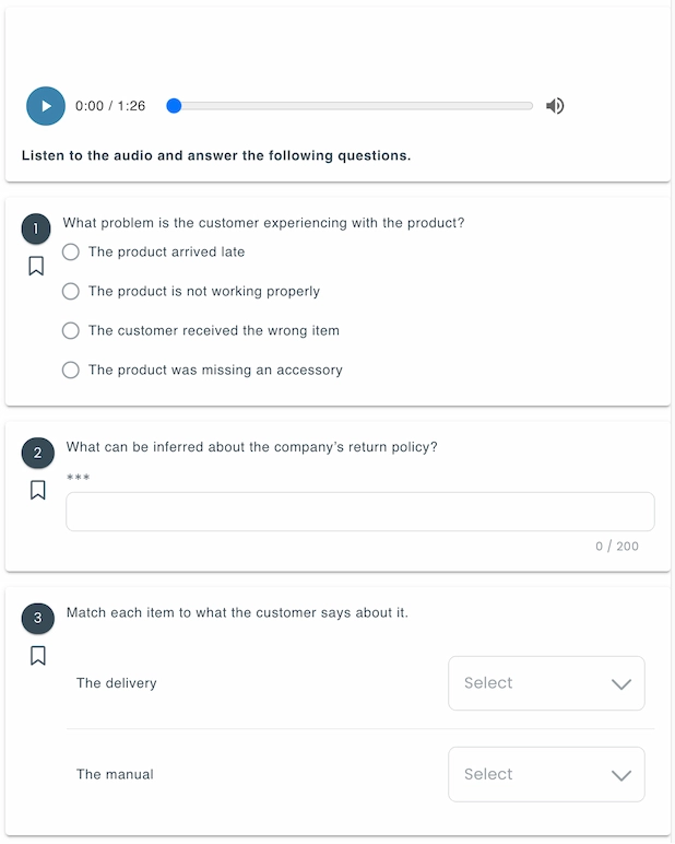 Example of an audio prompt followed by multiple questions
