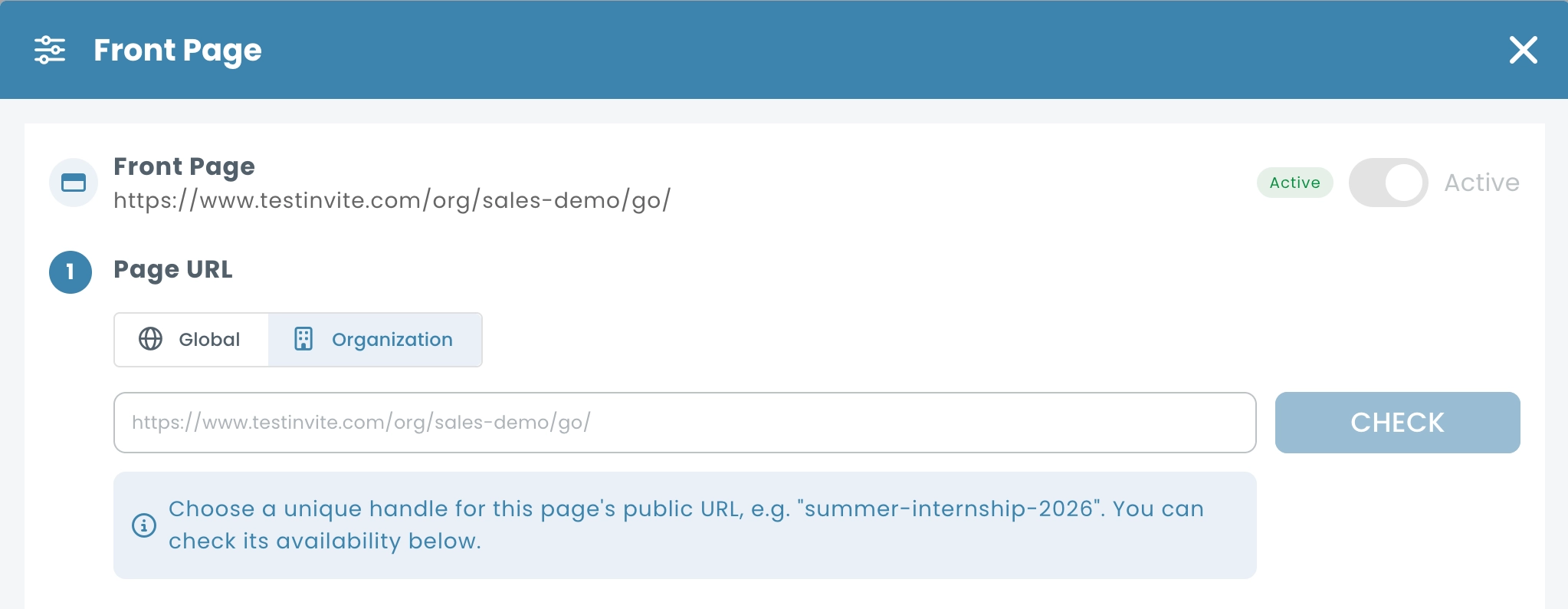Front page URL settings showing custom URL and global or organization options