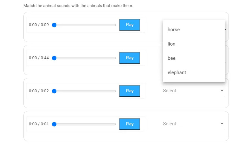 Example of a question in which it is asked to match the correct options with the audio file added to the items.