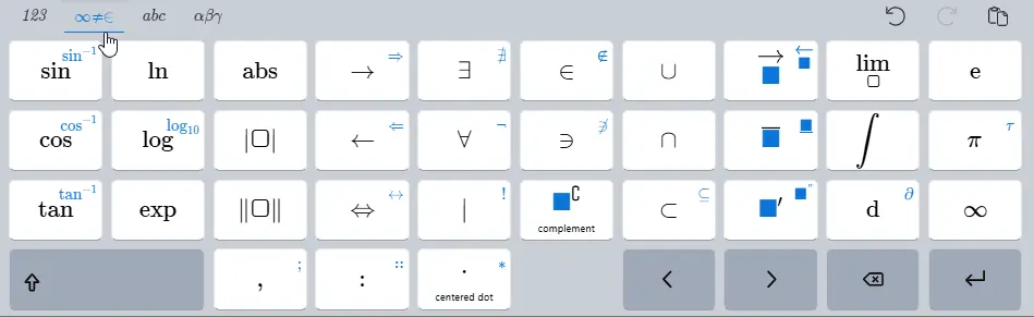 Functions and symbols tab of the virtual math keyboard