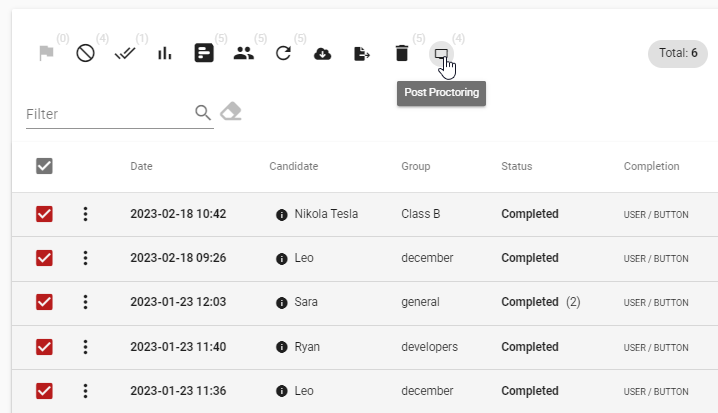 The post proctoring panel provides a time-efficient way to proctor test sessions that may have taken place on different dates and times.