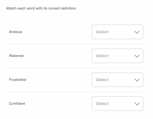 Sample vocabulary question in matching format