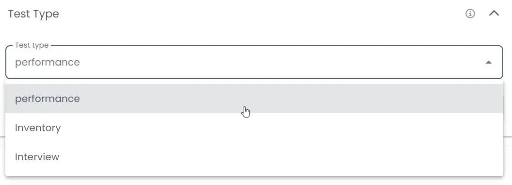 Test type selection menu with options such as performance, inventory, and interview