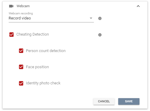 Configuring webcam recording and cheating detection settings<br>