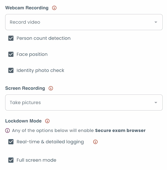 Proctoring settings panel showing webcam recording, screen recording, and lockdown mode options with features