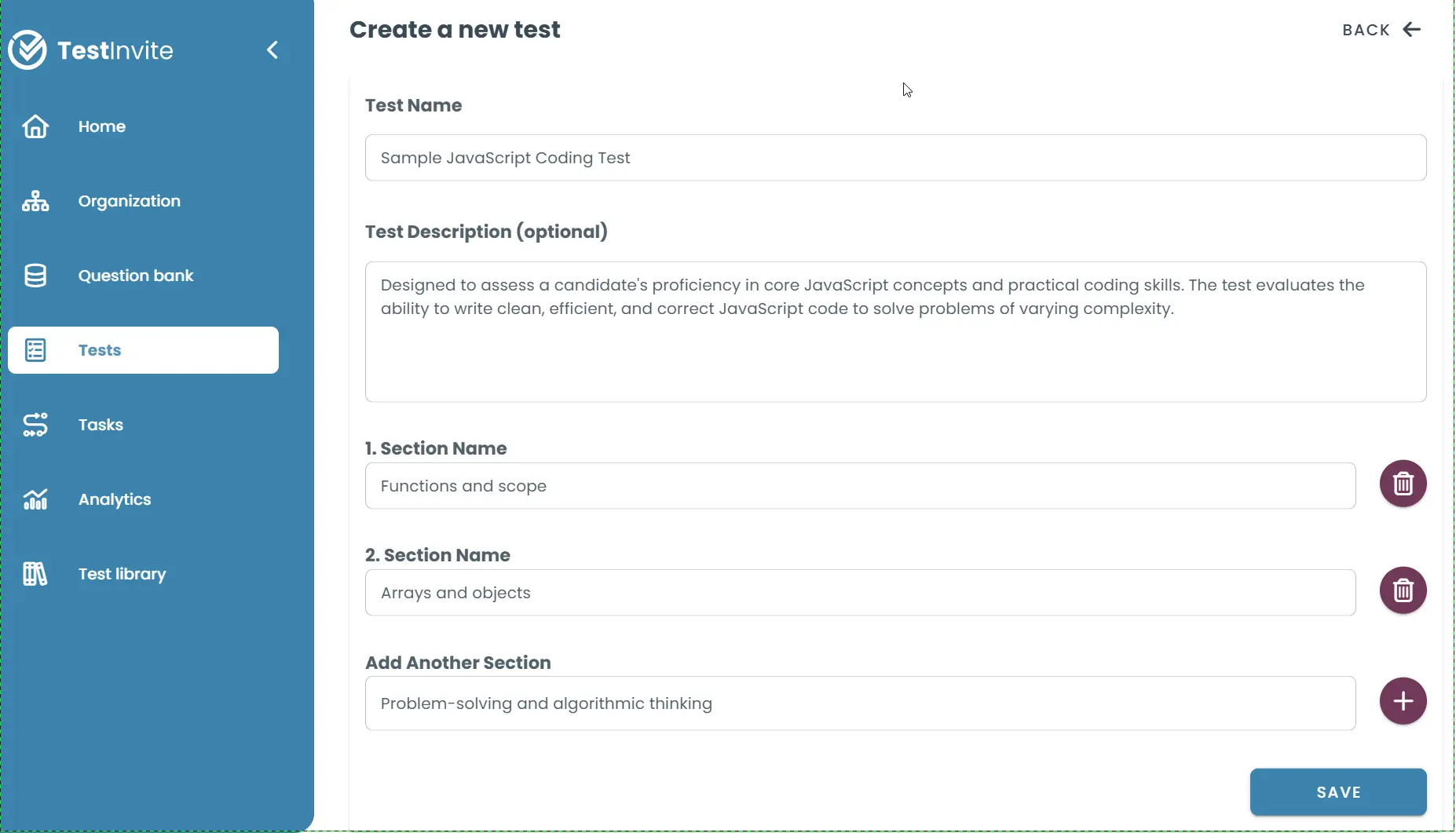 Interface for creating a new test