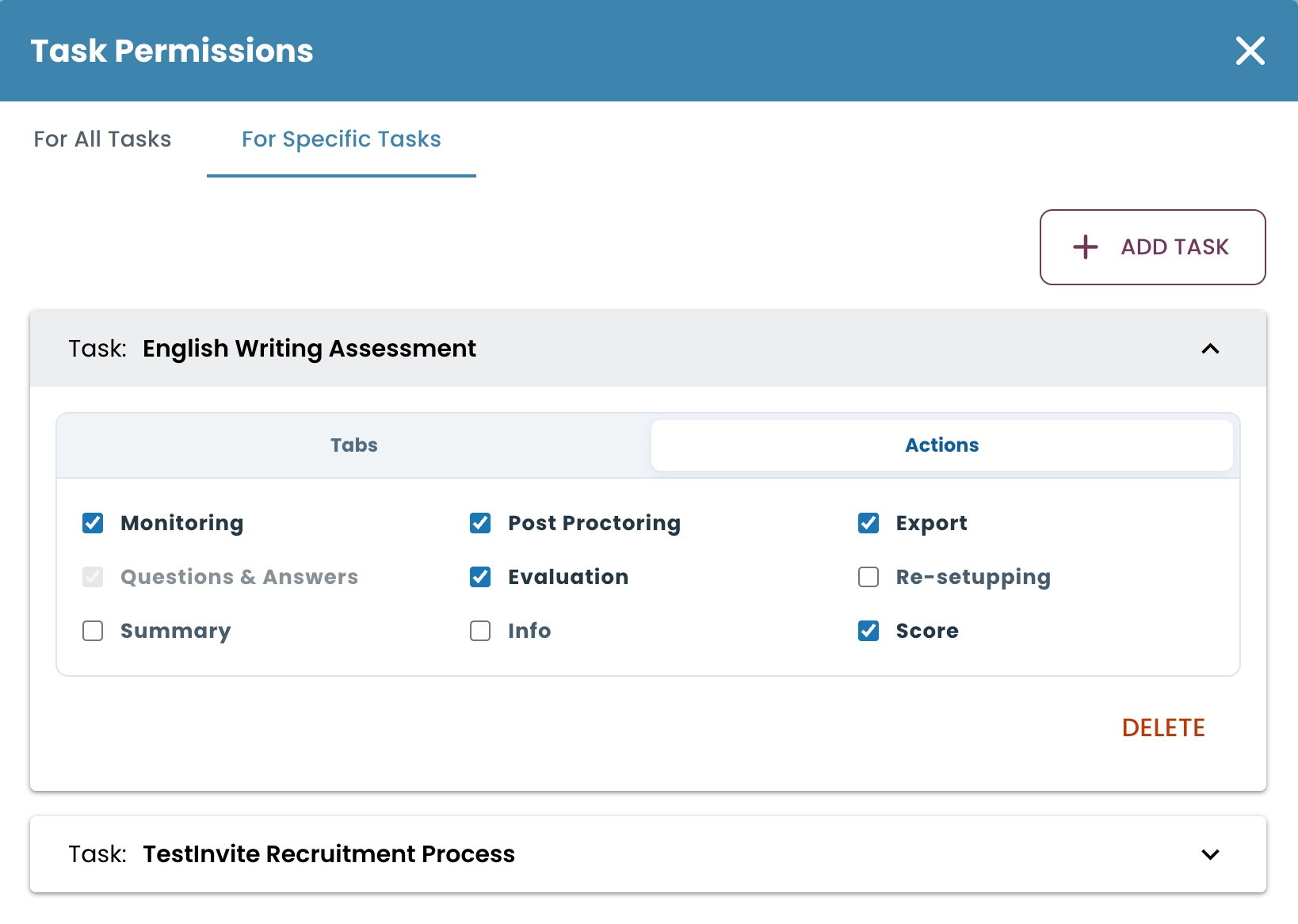 Task permissions showing task-specific tabs and action permissions