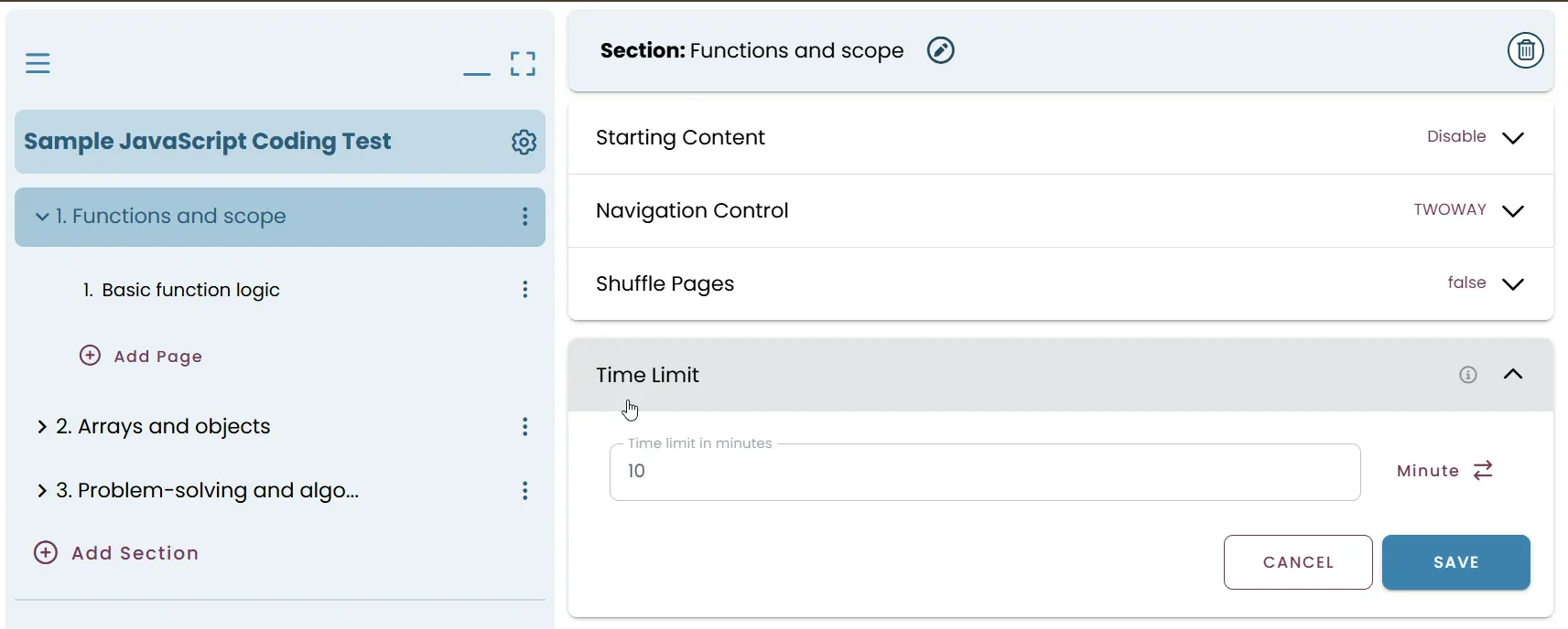 Specific time limits for sections