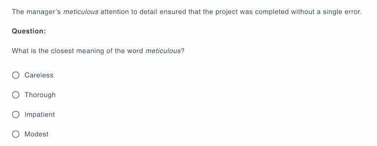 Sample vocabulary question in multiple-choice format