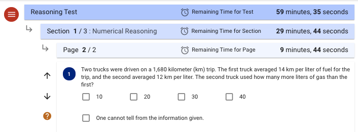 Exam interface showing remaining time for test, section, and page