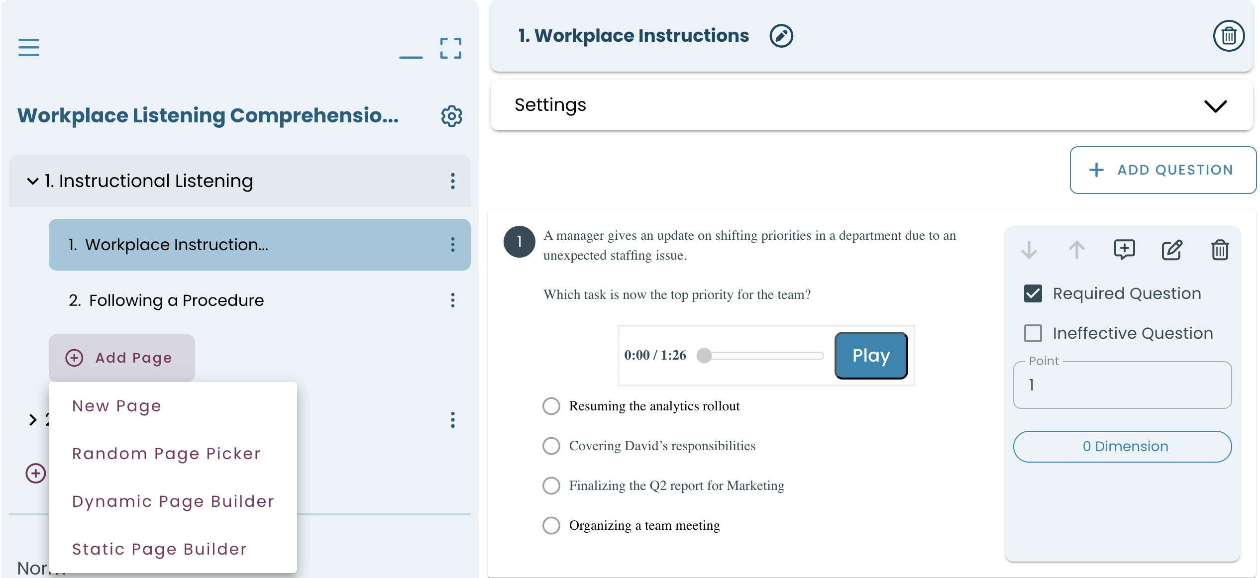 Test interface showing a section with listening questions and page addition options