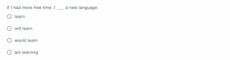Sample grammar question in a multiple-choice fill-in-the-blank format