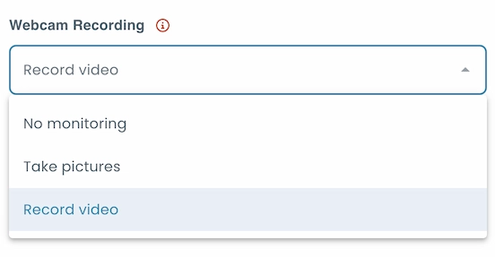 Webcam recording settings with options for no monitoring, taking pictures, or recording video