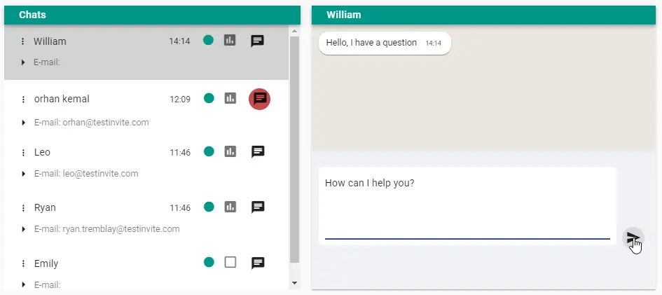 Live chat panel showing active conversations and message