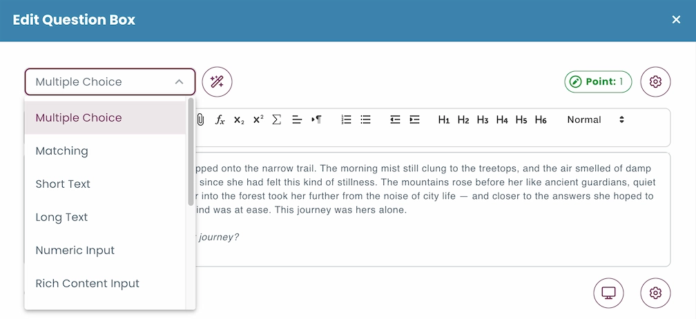 Question editor showing multiple question types
