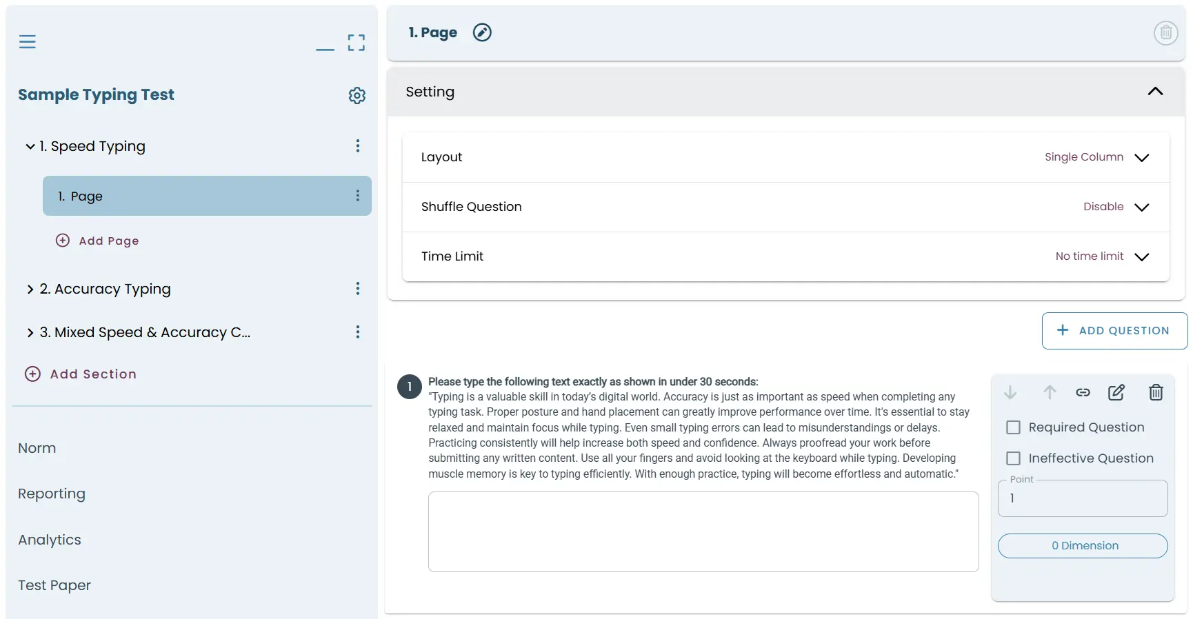 Test settings panel with layout, shuffle, and time limit options