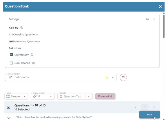Select questions from the Question Bank and add them to the page.