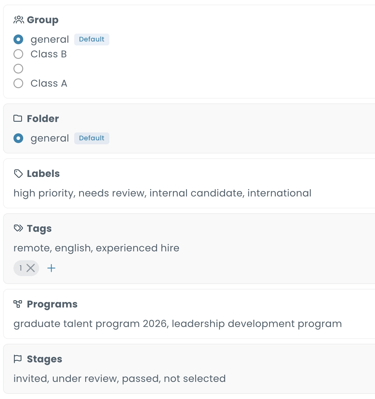 Candidate organization screen showing groups, folders, labels, tags, programs, and stages