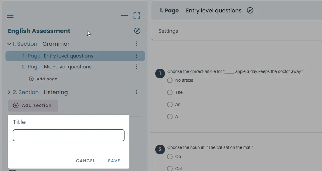Add separate sections for different assessment topics.