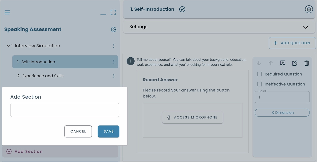 Speaking test interface with multiple pages, showing the section addition option