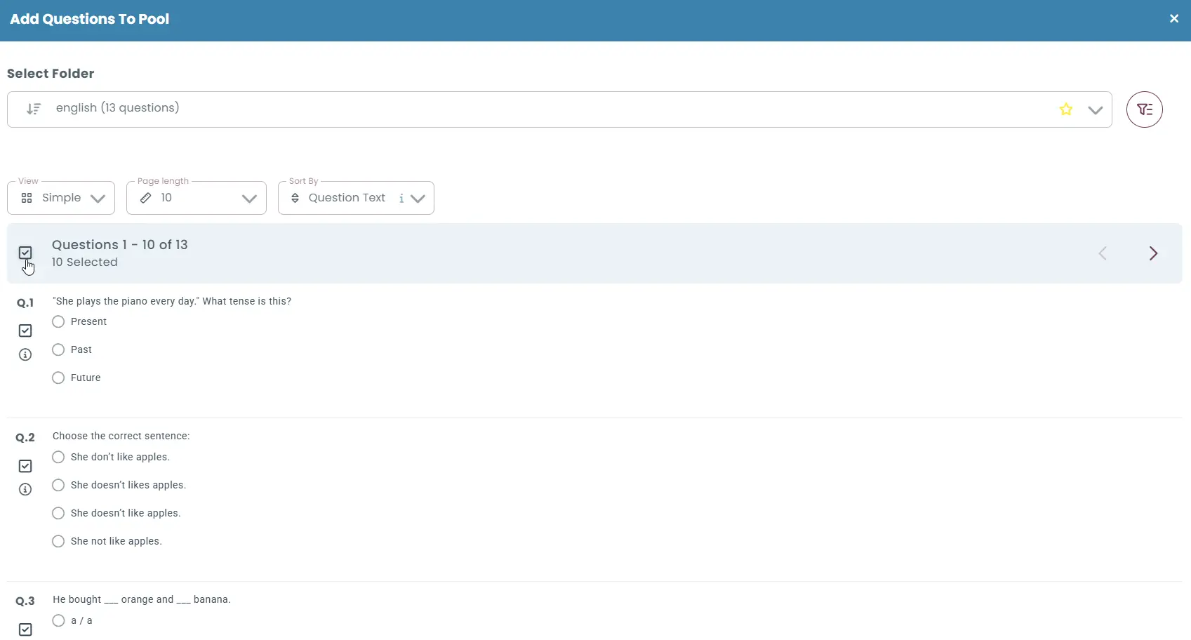 Question selection screen for adding items into a pool 