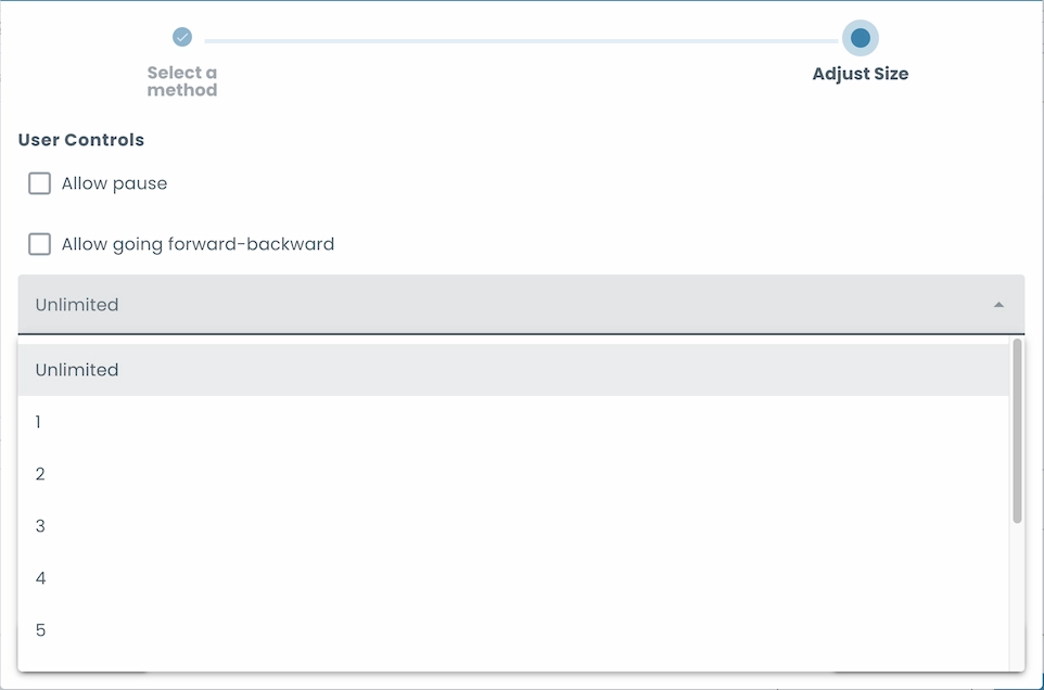 Audio playback settings with pause, navigation, and attempt limit.