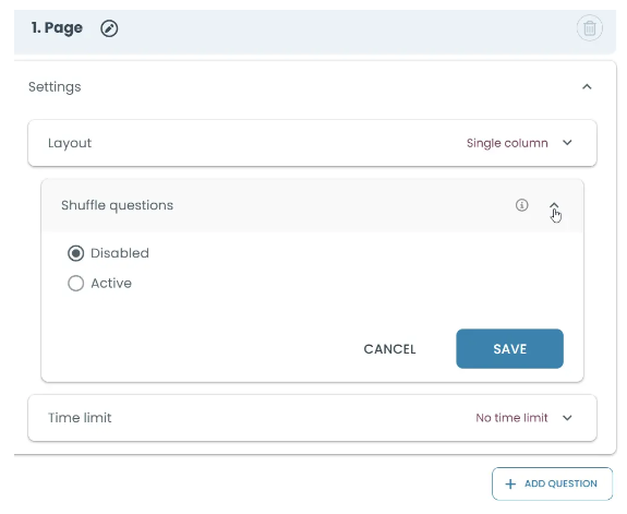 Enable Shuffle Questions to display questions in a random order on the page.