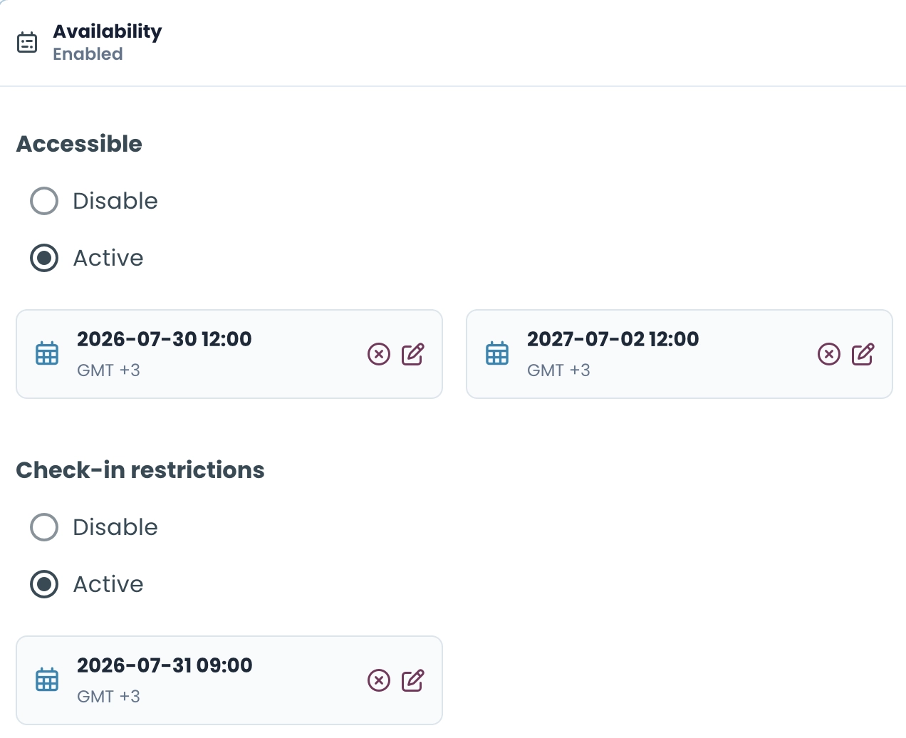 Assessment availability screen showing schedule and check-in restrictions
