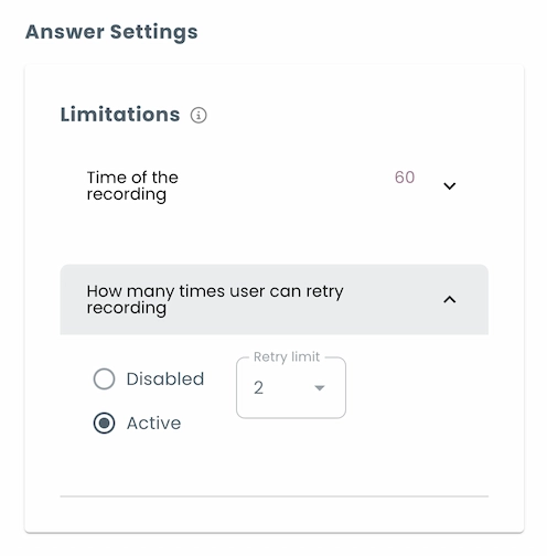Answer settings for a speaking question showing time limit and recording retry options
