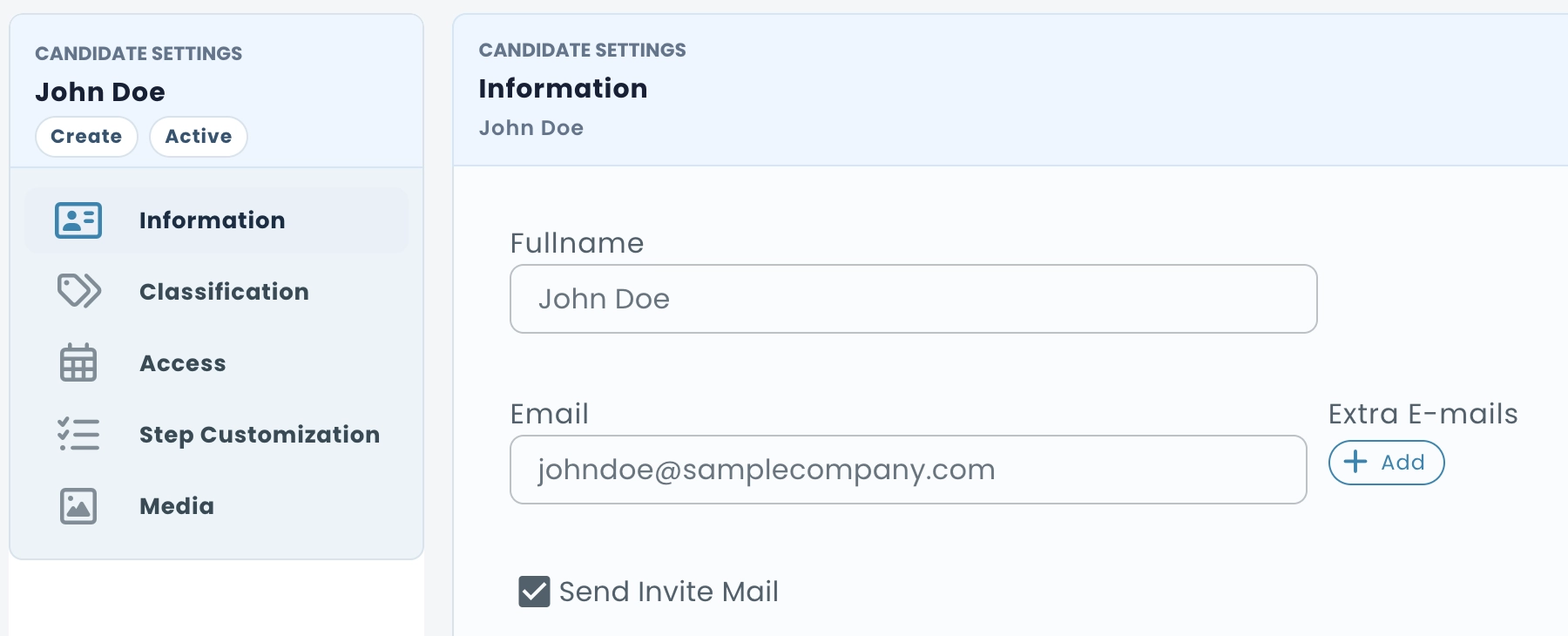 Individual candidate registration interface showing contact information and&nbsp;invitation settings