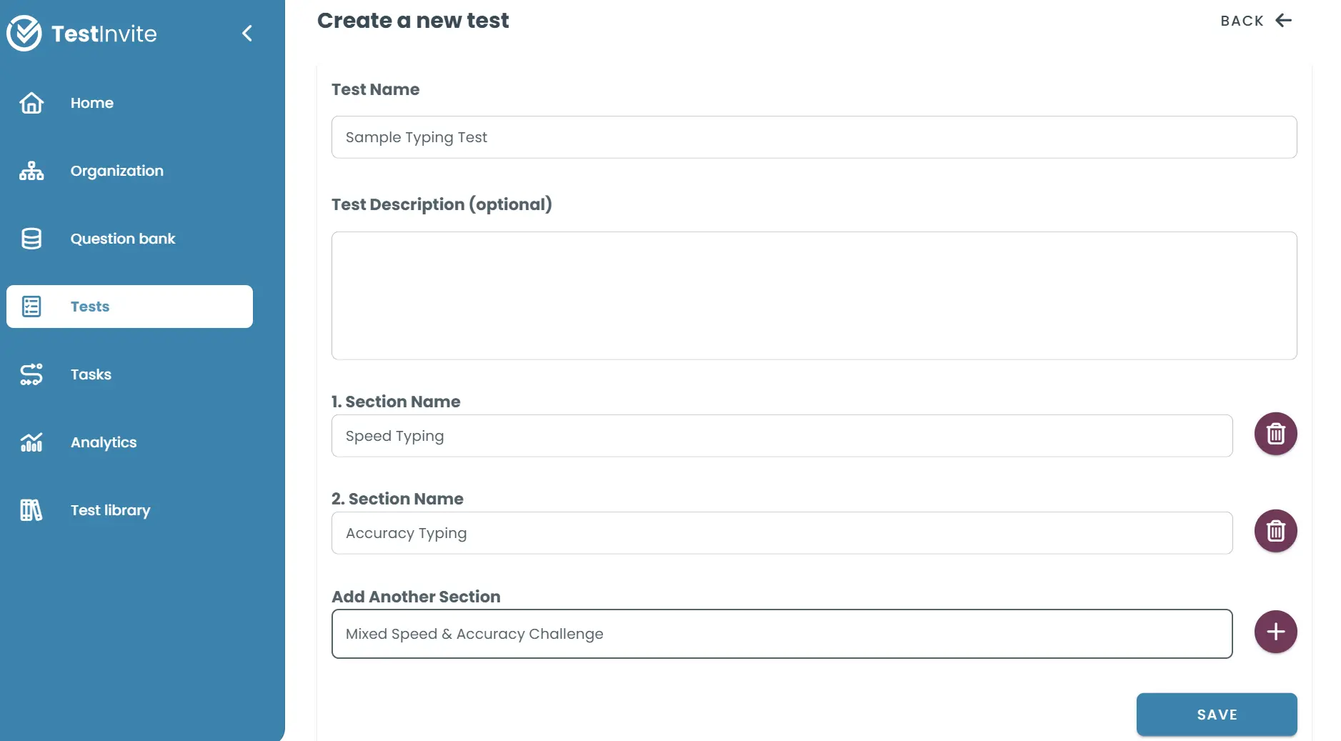 Create a new test screen showing typing test sections