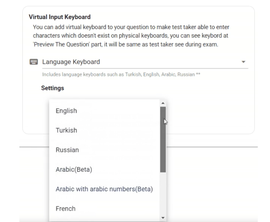Language selection from the admin screen for the virtual keyboard to be added to the open-ended question.