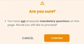 Candidates are warned about unanswered mandatory questions but can still choose to proceed.