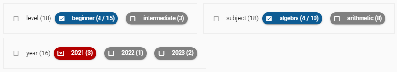 To retrieve questions that have been assigned both the level:beginner and subject:algebra tags but not the year:2021 tag, you can use a query that combines these filter conditions.