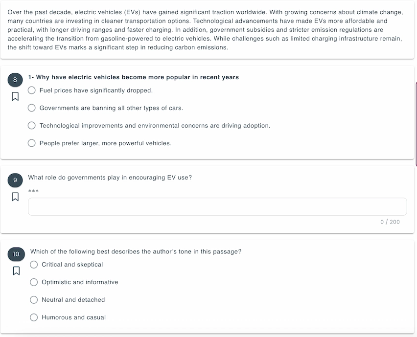 Example of a composite question group featuring a reading passage