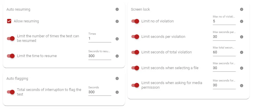 Screen locking and browser lockdown setting options