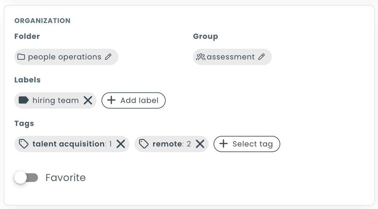 Organization settings showing folder, group, labels, and tags