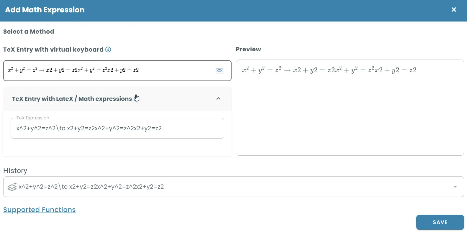 Math expression editor for entering and previewing equations using LaTeX or virtual keyboard
