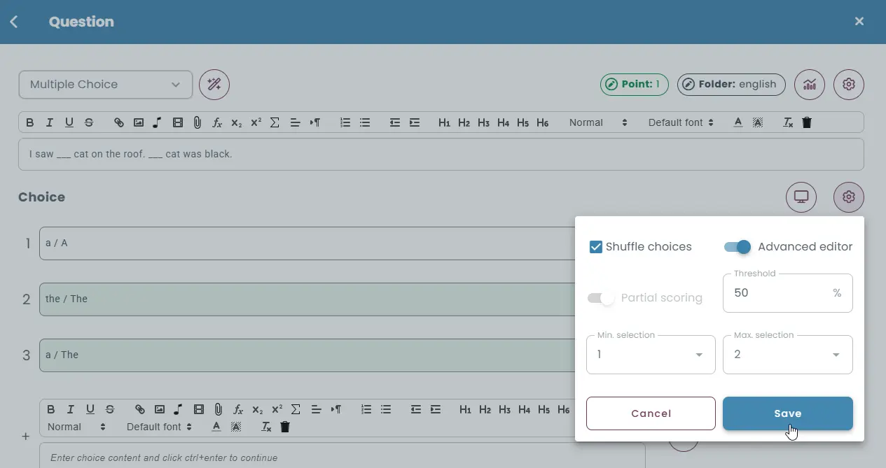 Multiple choice question editor with advanced settings for shuffling choices, scoring rules, and selection limits