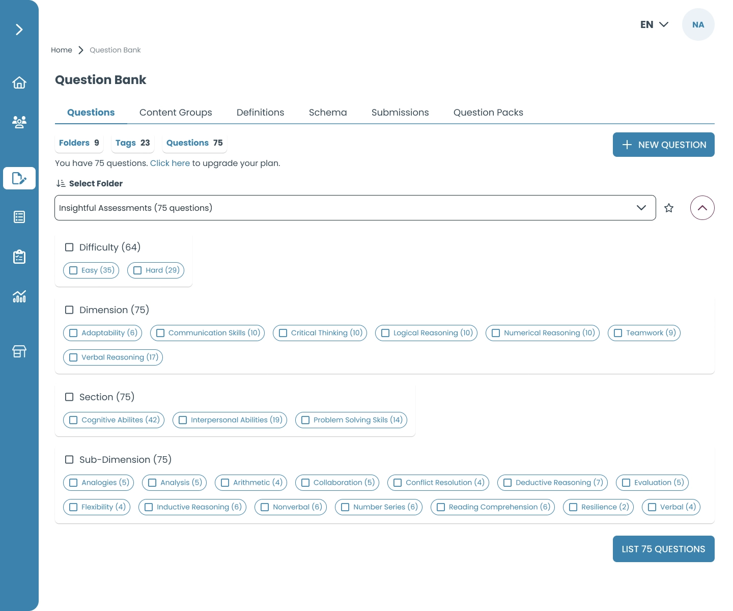 Question Bank interface displaying filters for difficulty, dimensions, sections, and sub-dimensions.