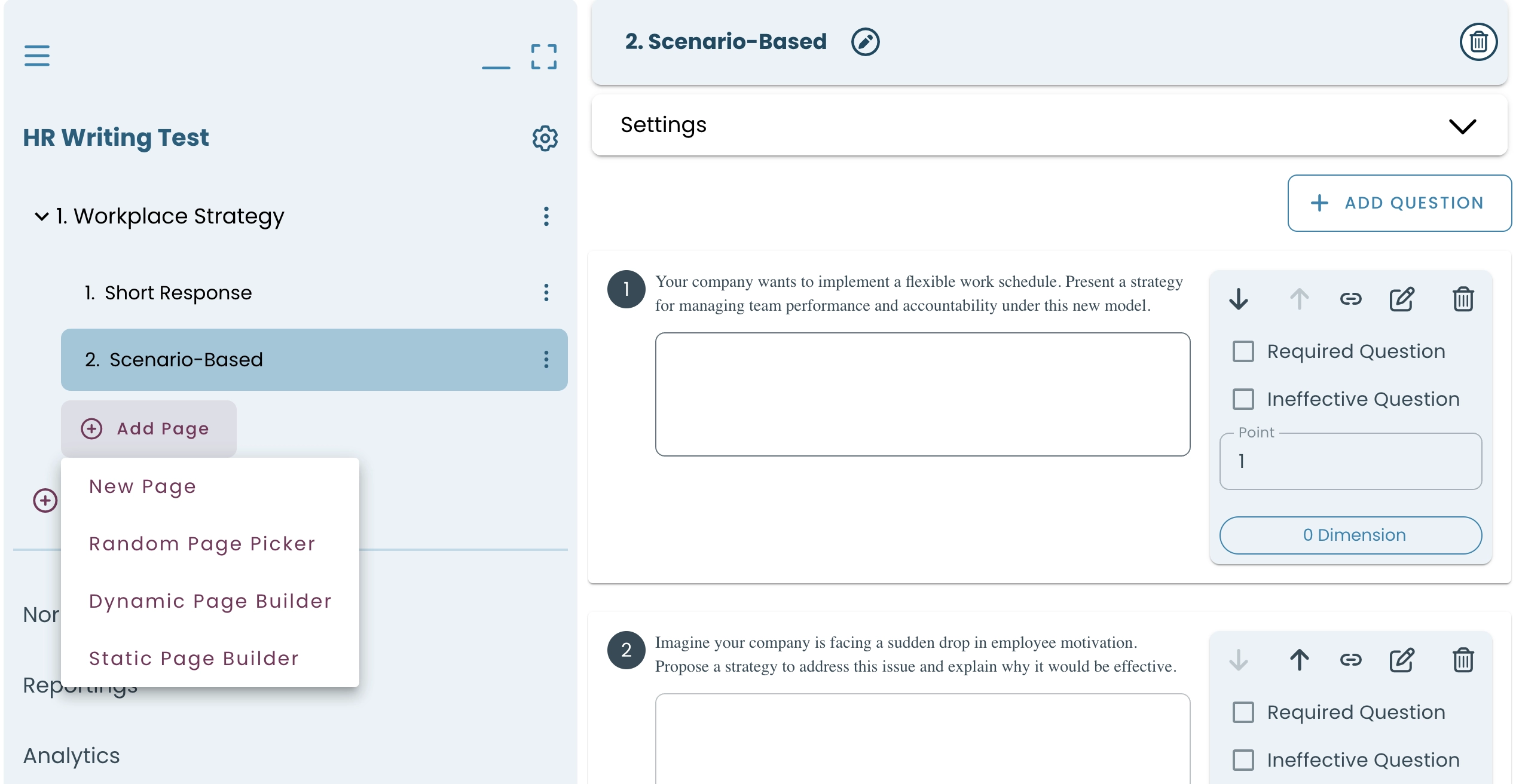 Writing test interface showing a section with open-ended questions and page addition options